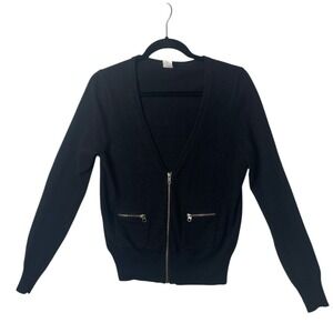 J. Crew Black Zip Front Cardigan Sweater Women's Size M Wool Blend Pocket Detail